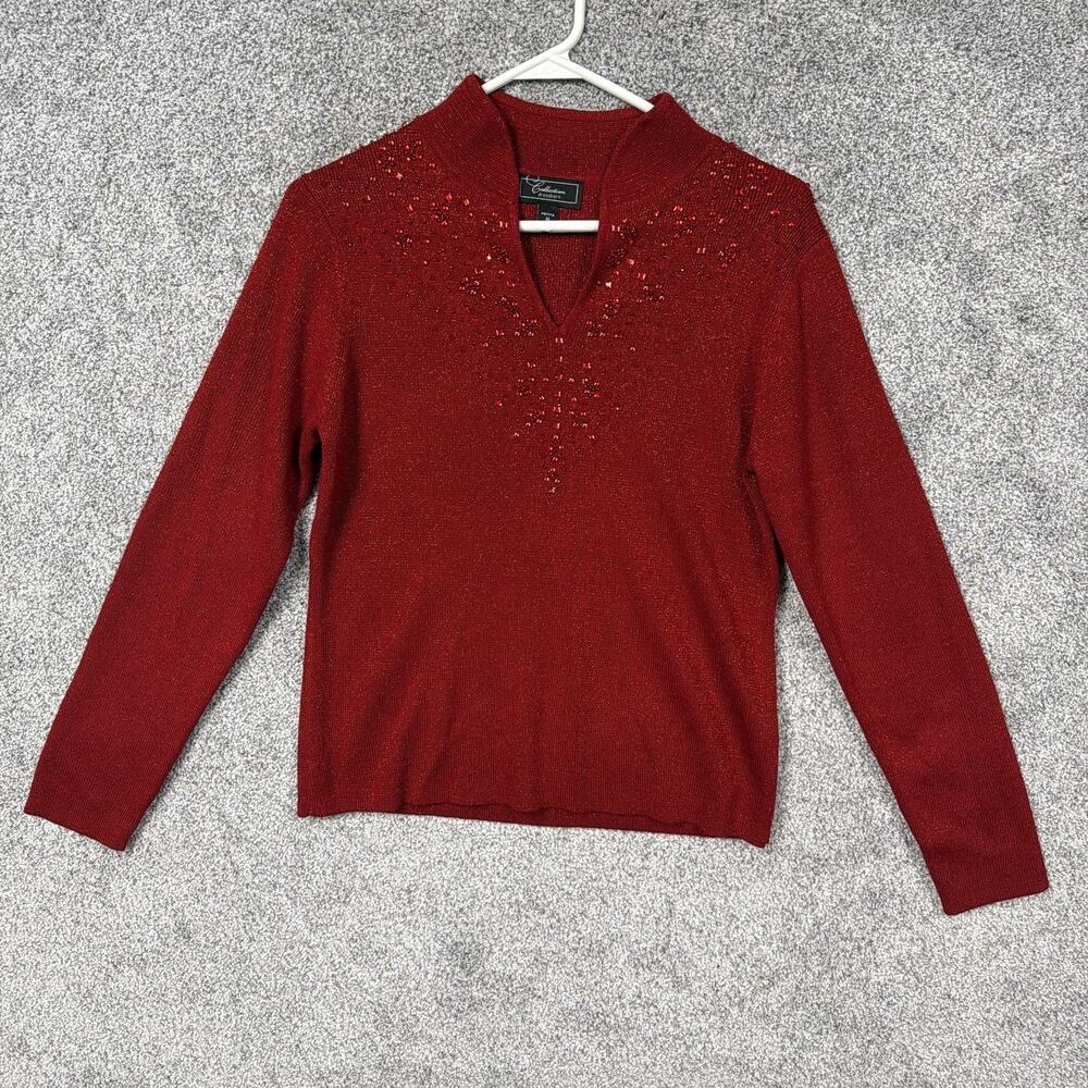 Dressbarn Sweater Womens Petite M Red V-Neck Glitter Sequin Holiday Party Chic